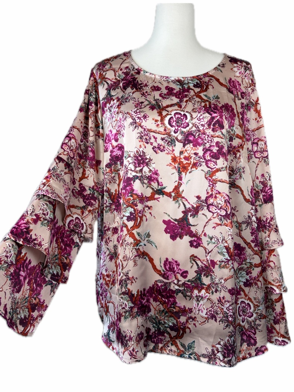 Liz Claiborne Career Satin Pink Floral Top  Sz XL Tiered Bell Sleeve Romantic